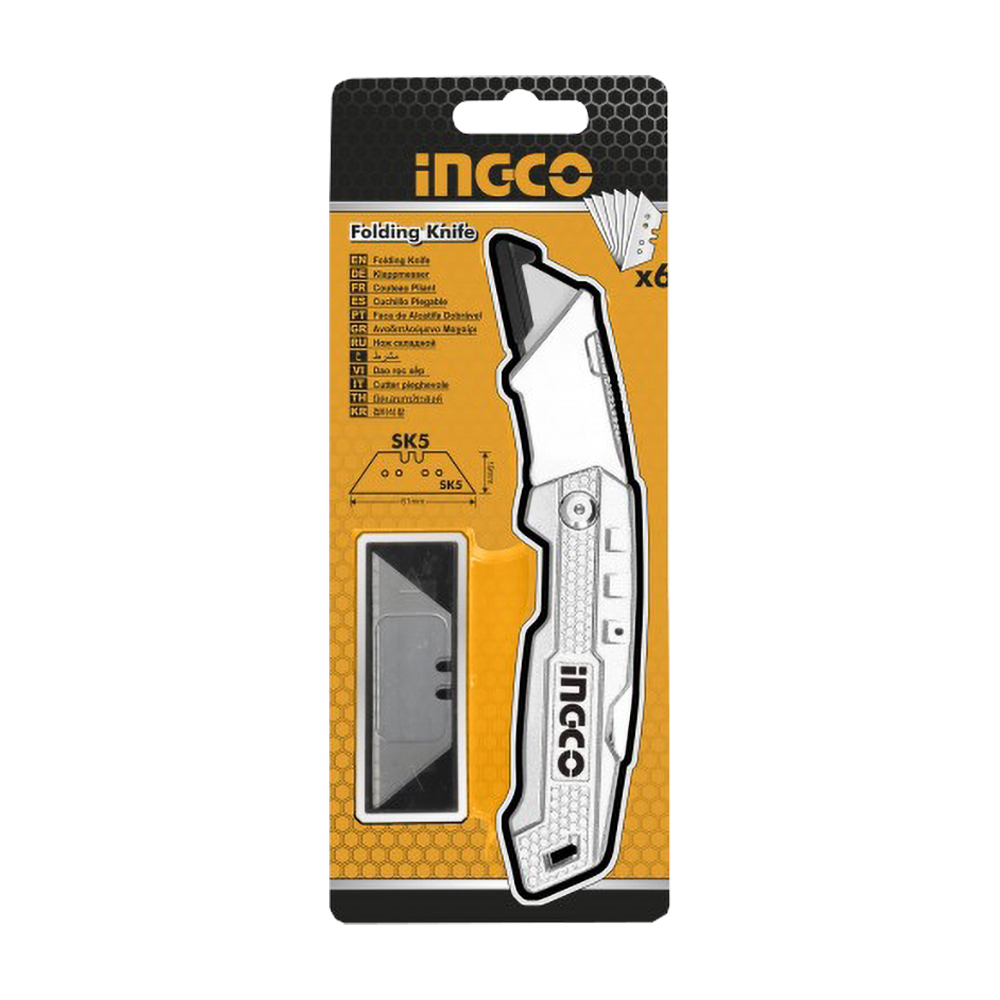 Cutter Pieghevole con Lama 19x61 mm INGCO - con 5 Lame Trapezio SK5