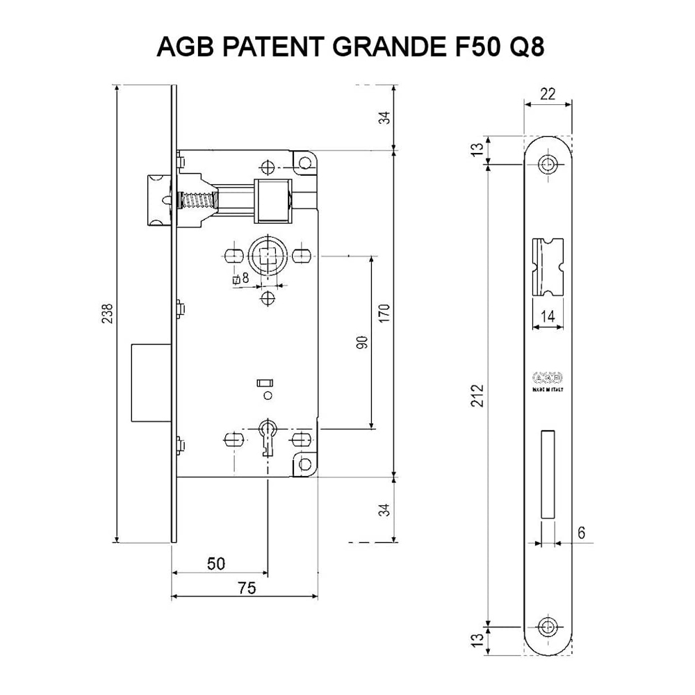 Serratura Patent Grande Bronzato AGB - Foro 50 mm e Quadro 8 mm