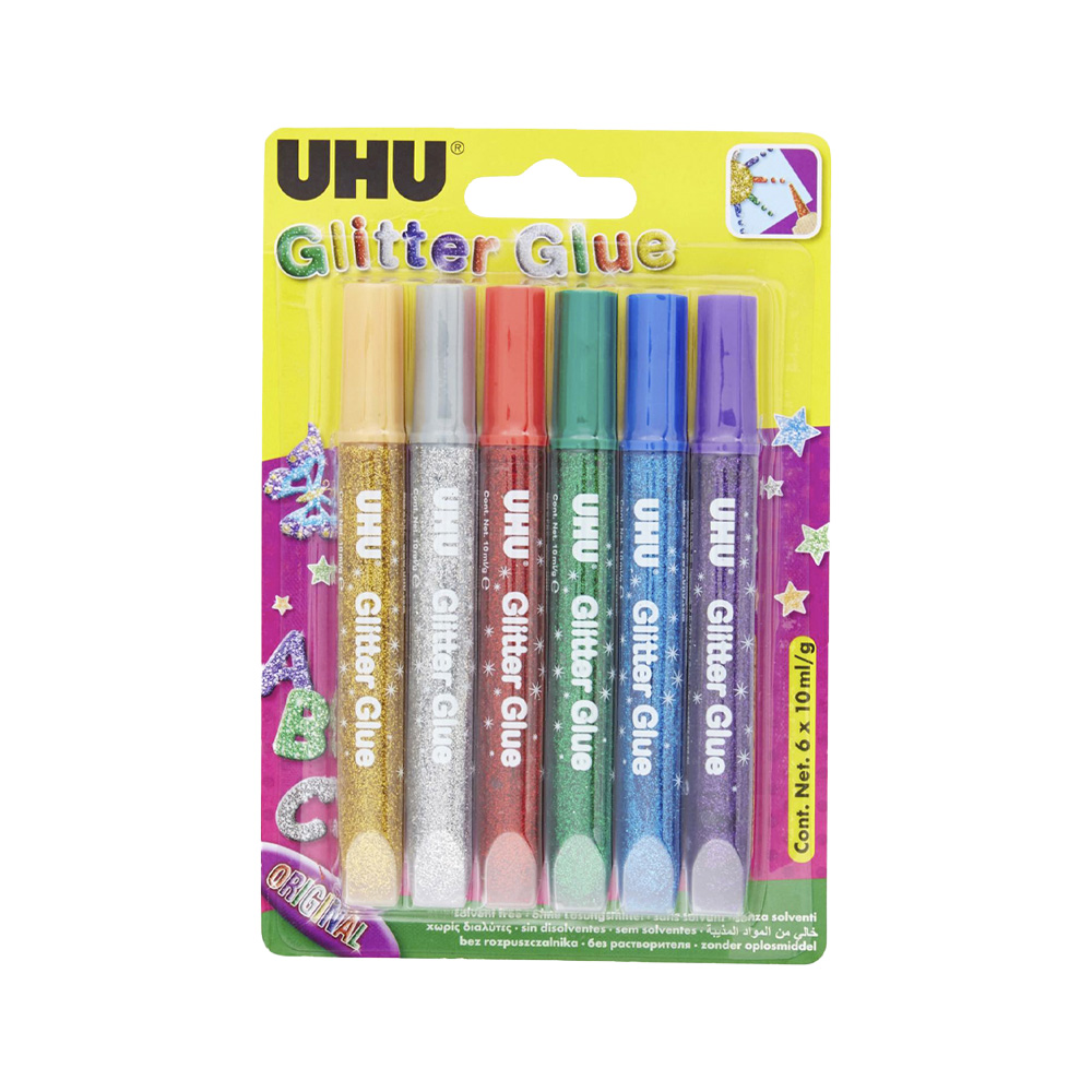 Tubetti glitterati colorati glitter glue original uhu 6x10 ml.