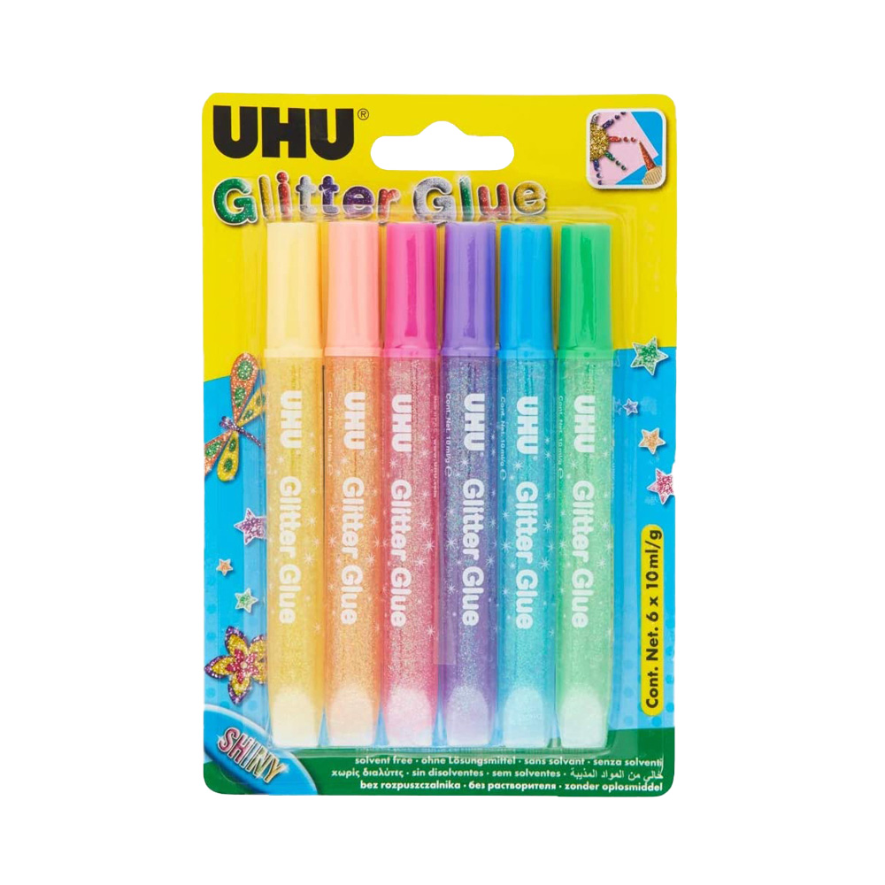 Tubetti glitterati colorati glitter glue shiny uhu 6x10 ml.