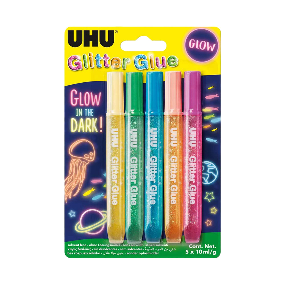 Tubetti glitterati colorati Glitter Glue Glow in the dark UHU 5X10 ml