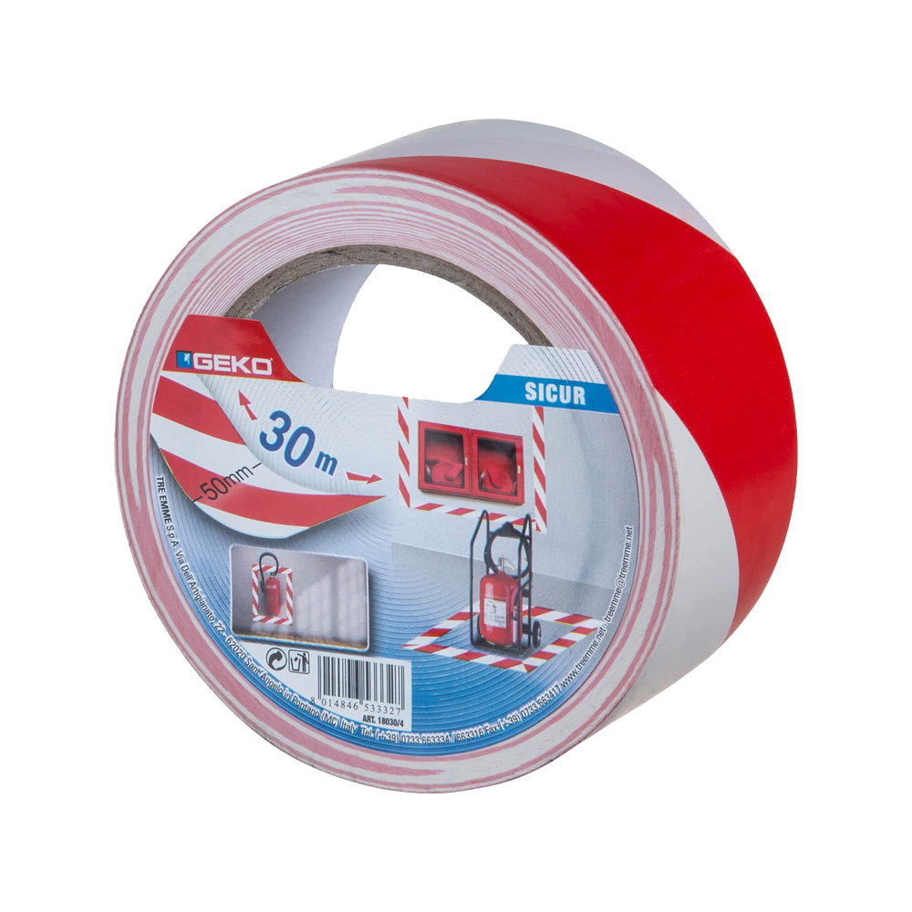 Nastro segnaletico adesivo 50 mm x 30 mt geko sicur - bianco/rosso.