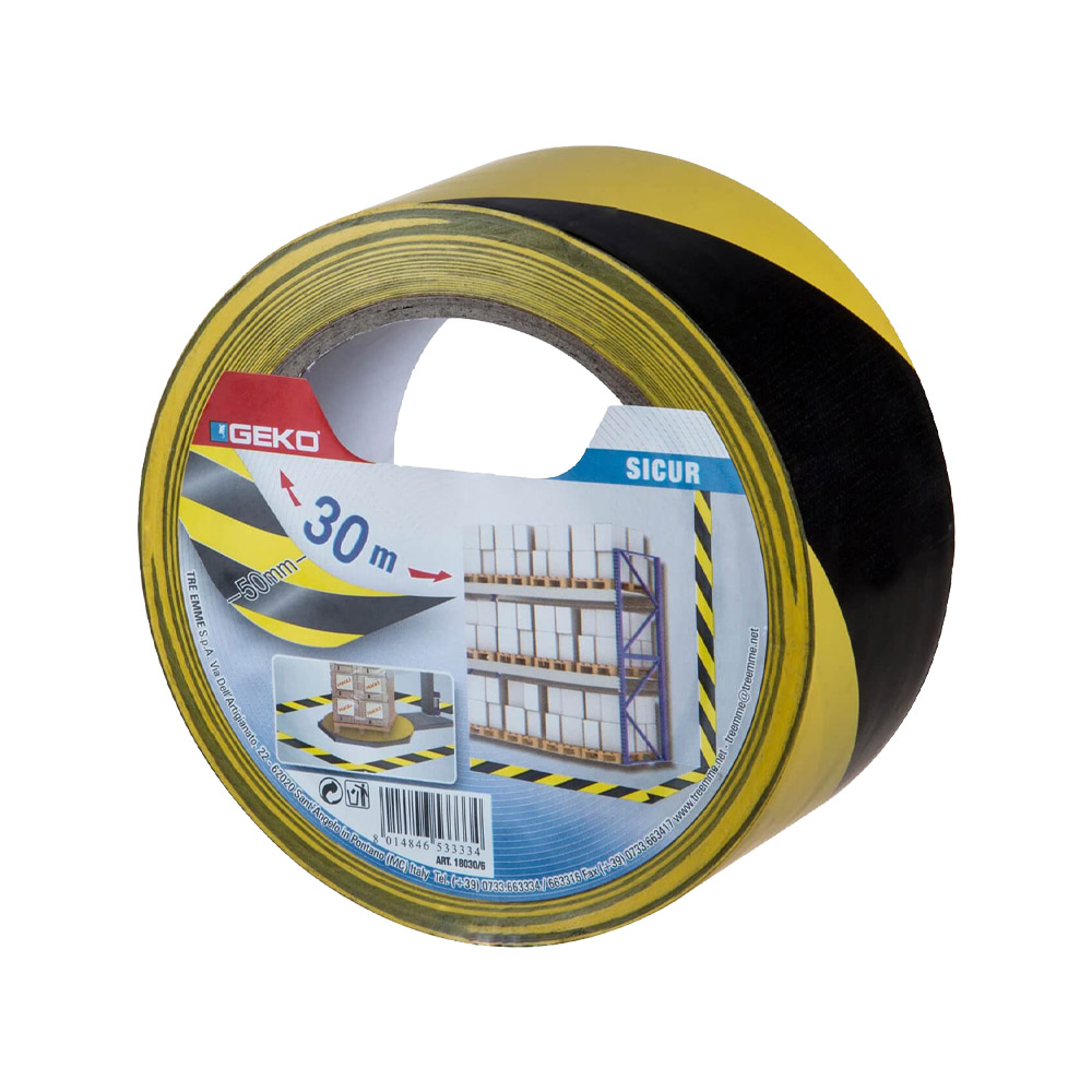 Nastro segnaletico adesivo 50 mm x 30 mt geko sicur - giallo/nero.