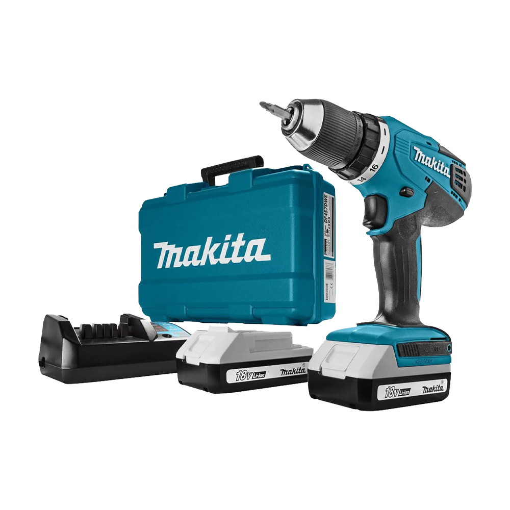 Trapano a batteria 18v con percussione makita hp457dwe con 2 batterie 1.5 ah.