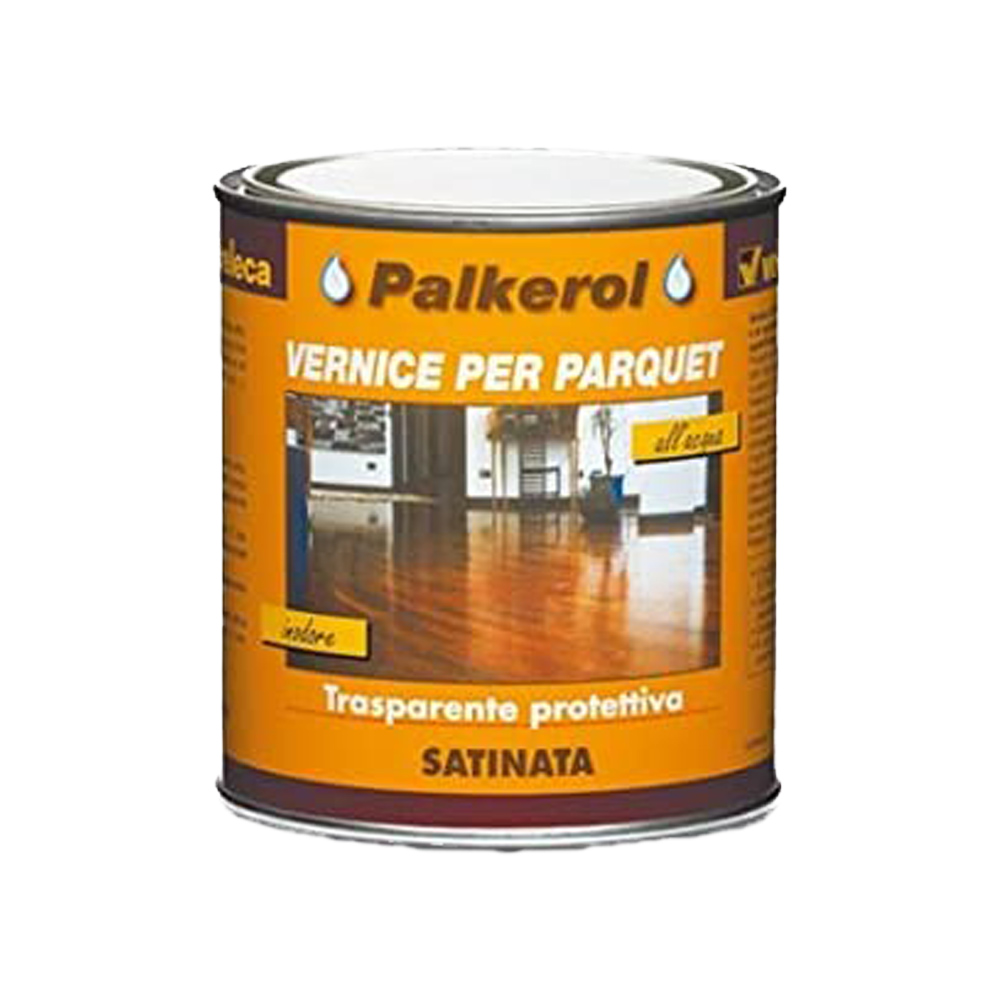 Vernice di finitura trasparente all’acqua satinata per parquet veleca 750 ml.