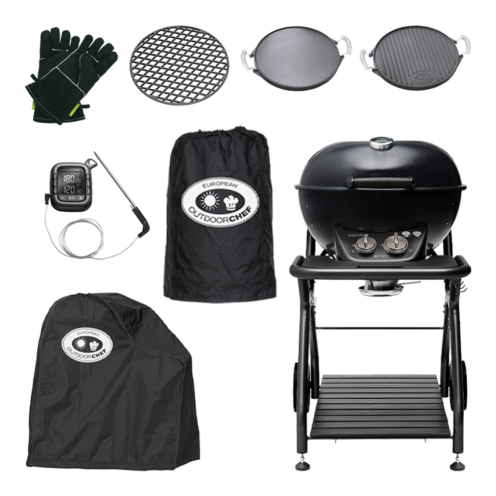 Barbecue a gas ascona 570g all black outdoorchef - set 7 pezzi.