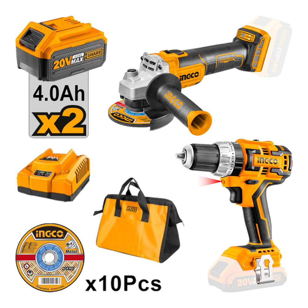 SET Brushless INGCO - Trapano e Smerigliatrice 20V, 2 Batterie 4.0Ah, Caricatore
