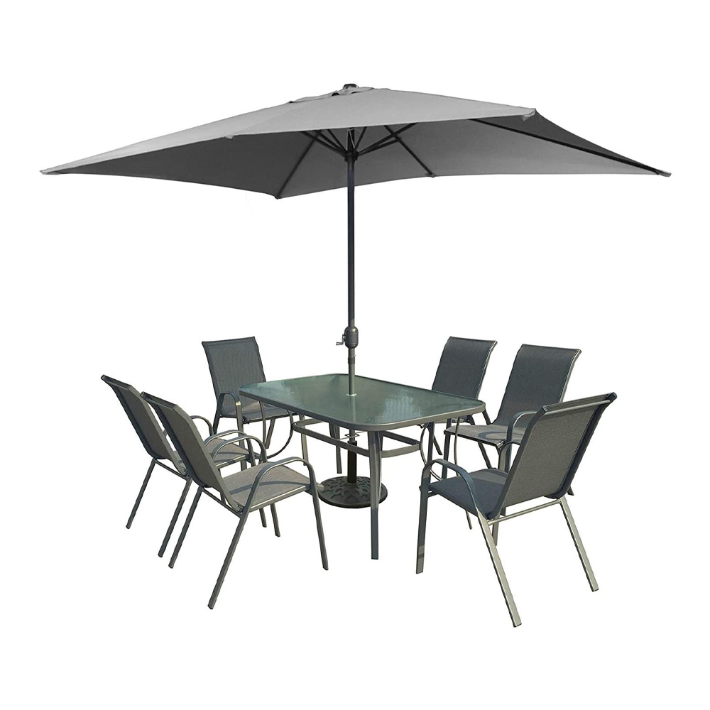 Set Riccione Grafite FERLIVING - Tavolo, 6 Sedie, Ombrellone 2x3 mt e Base 8 kg