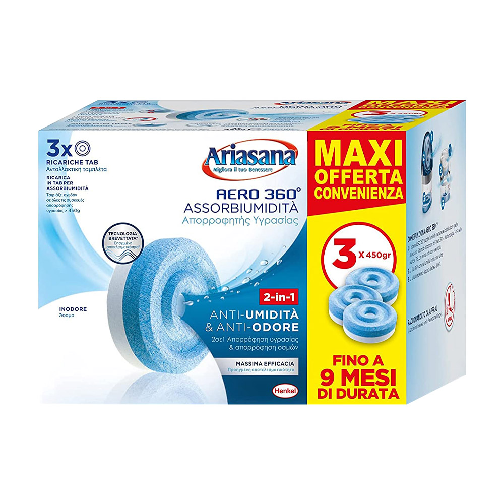 Ricariche Assorbiumidità Aero 360° Tab 450 gr Inodore ARIASANA - Conf. 3 Pezzi