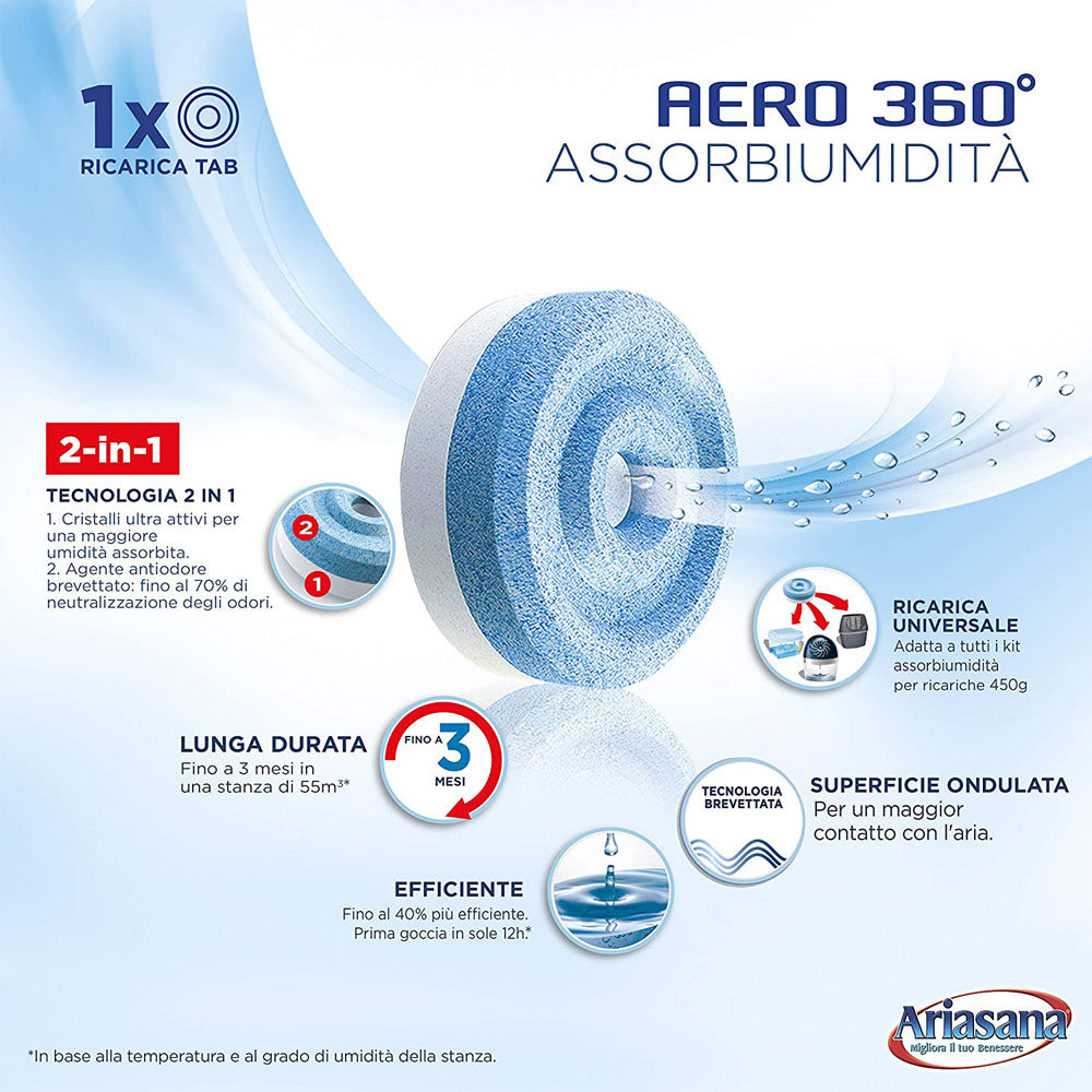Ricariche Assorbiumidità Aero 360° Tab 450 gr Inodore ARIASANA - Conf. 24 Pezzi