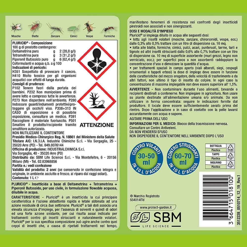 Insetticida Concentrato Pluricid 1 Lt PROTECT HOME - Zanzara Comune e Tigre