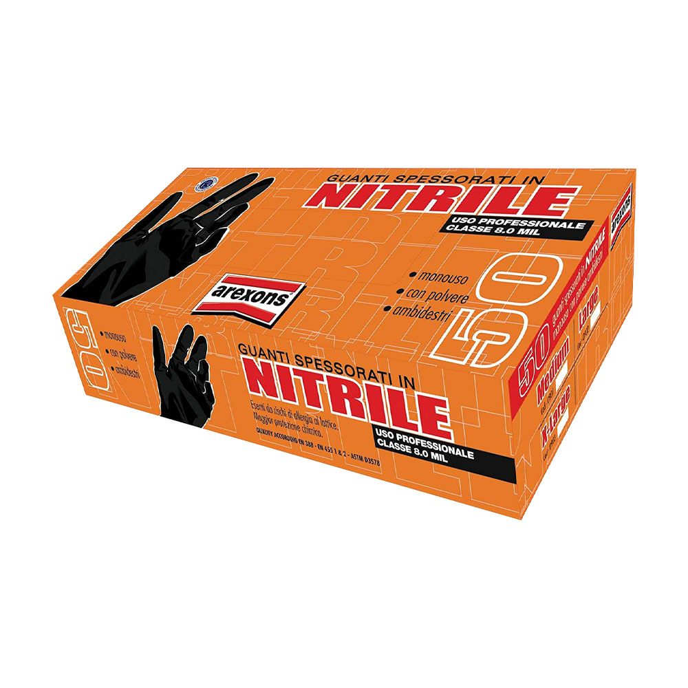 Guanti in Nitrile Spessorati 0,28 mm Taglia XL Nero AREXONS - Conf. 50 Pezzi