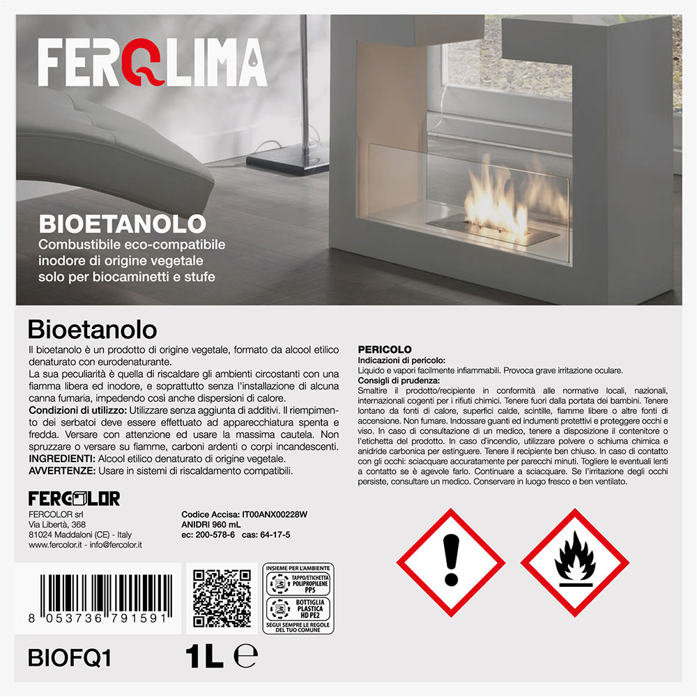 Bioetanolo Naturale per Stufe e Camini Inodore FERQLIMA 1 Lt