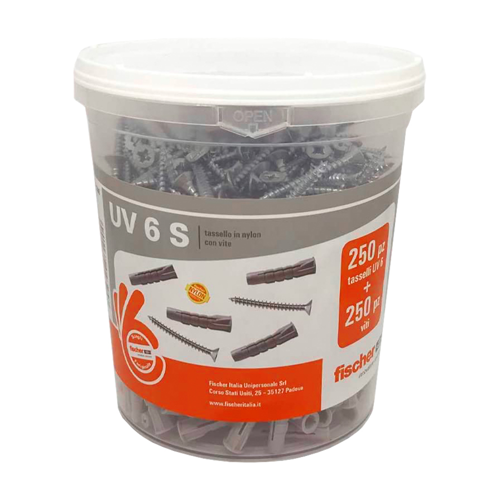 Tassello in Nylon con Vite UV 6 mm FISCHER - Barattolo 250 Pezzi